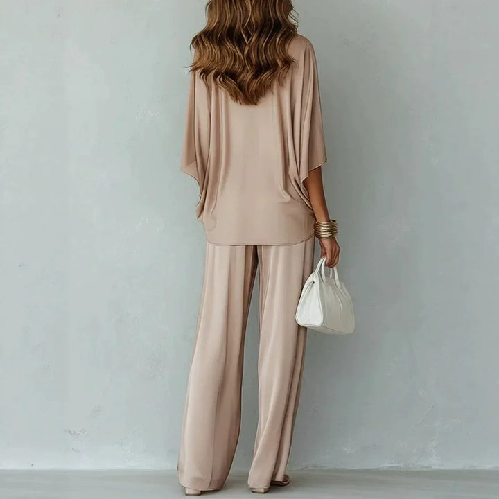 Women's Two-Piece Set – Draped V-Neck Wide-Leg Trouser Co-Ord Set