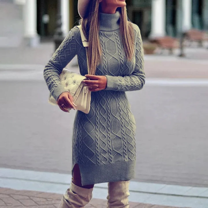 Women's Knitted Dress – Cable-Knit Turtleneck Fitted
