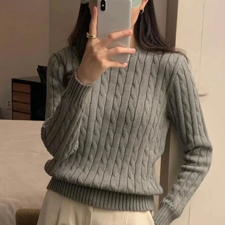 Women's Jumper – Pure Cotton Cable-Knit Crew-Neck