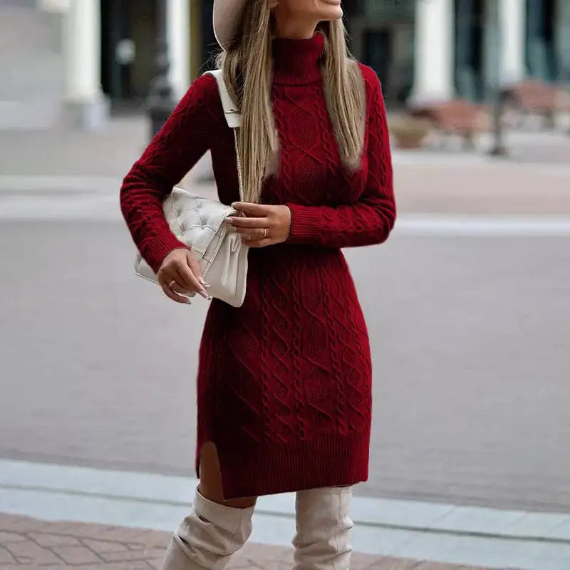 Women's Knitted Dress – Cable-Knit Turtleneck Fitted