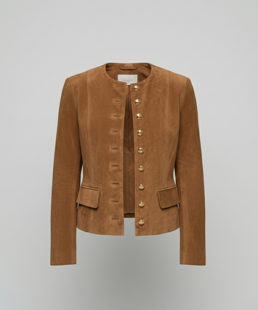 Women's Jacket – Faux Suede Collarless Gold-Button