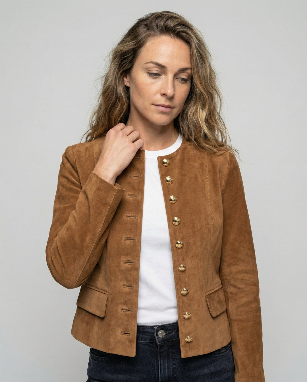 Women's Jacket – Faux Suede Collarless Gold-Button