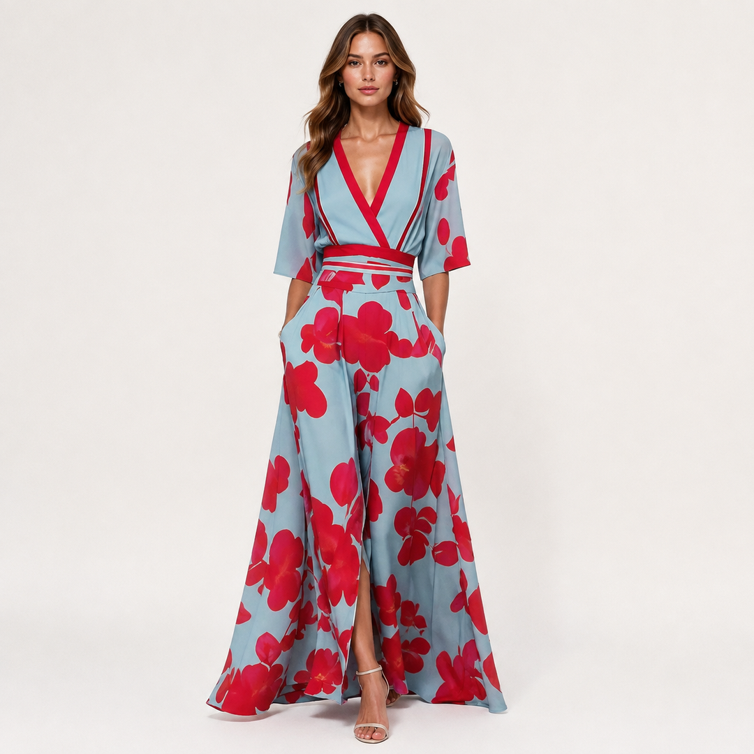 Womens Fashion Style - Women's Floral V-Neck A-Line Maxi Dress - product view 5