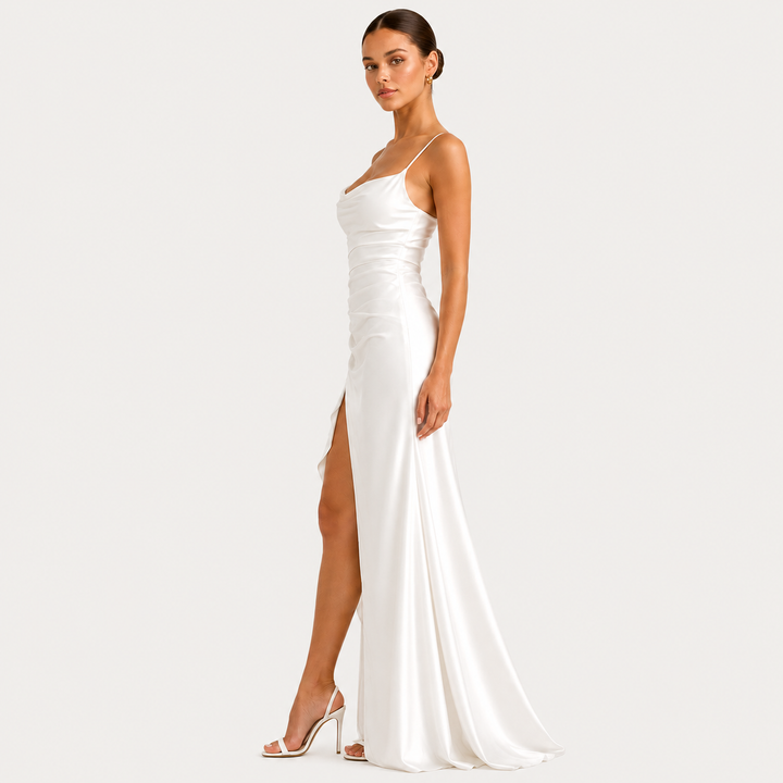 Womens Fashion Style - Women's Draped Satin Maxi Dress with Side Slit - product view 2