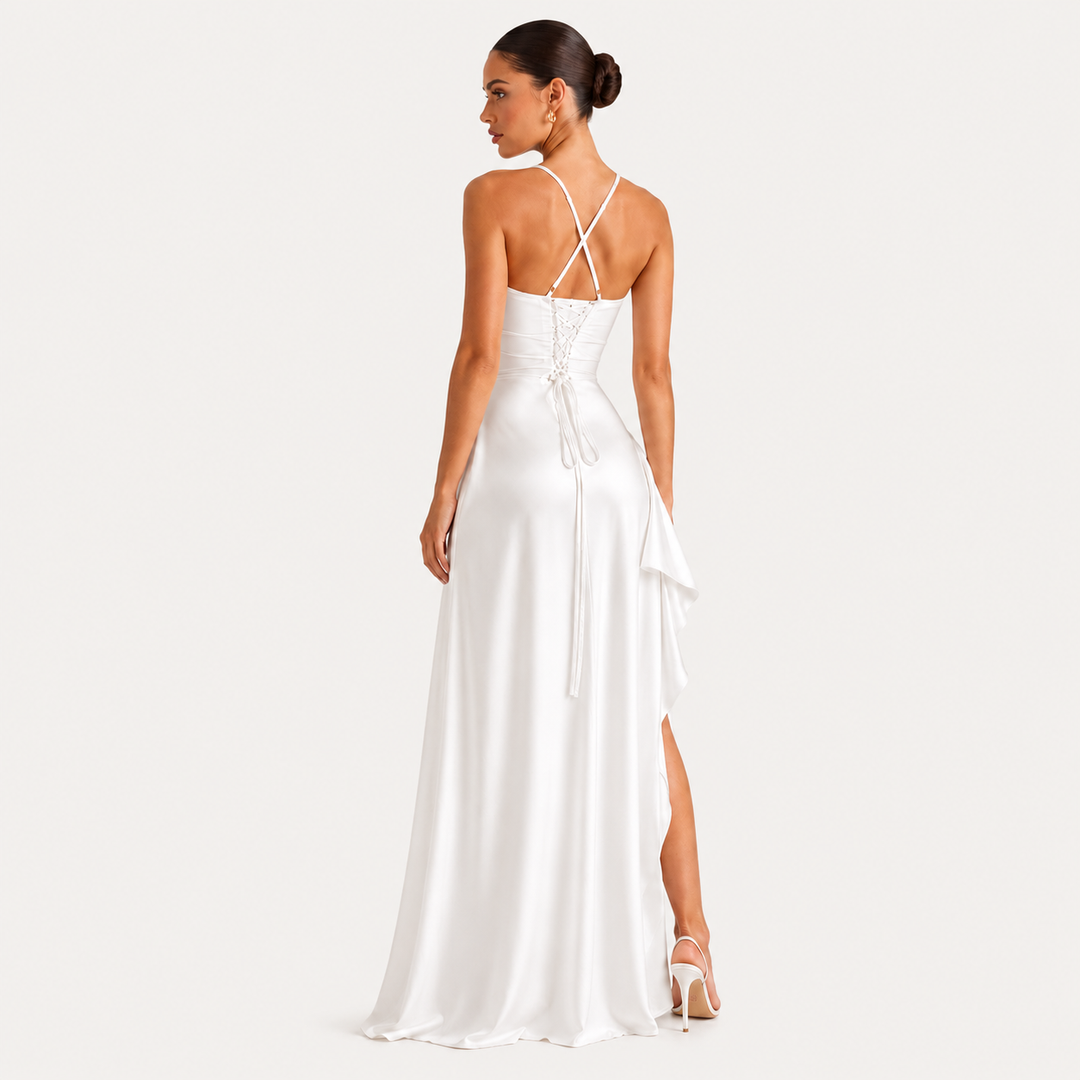 Womens Fashion Style - Women's Draped Satin Maxi Dress with Side Slit - product view 4