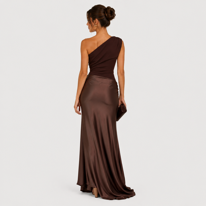 Womens Fashion Style - Women's Draped One-Shoulder Evening Maxi Dress - product view 4