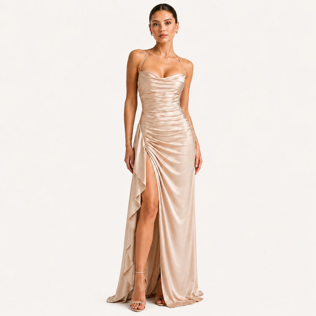Womens Fashion Style - Women's Draped Satin Maxi Dress with Side Slit - product view 8