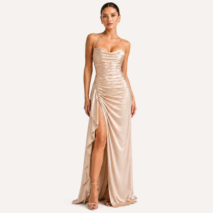Womens Fashion Style - Women's Draped Satin Maxi Dress with Side Slit - product view 8