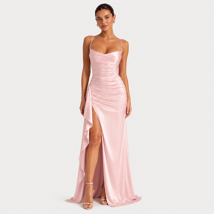 Womens Fashion Style - Women's Draped Satin Maxi Dress with Side Slit - product view 5