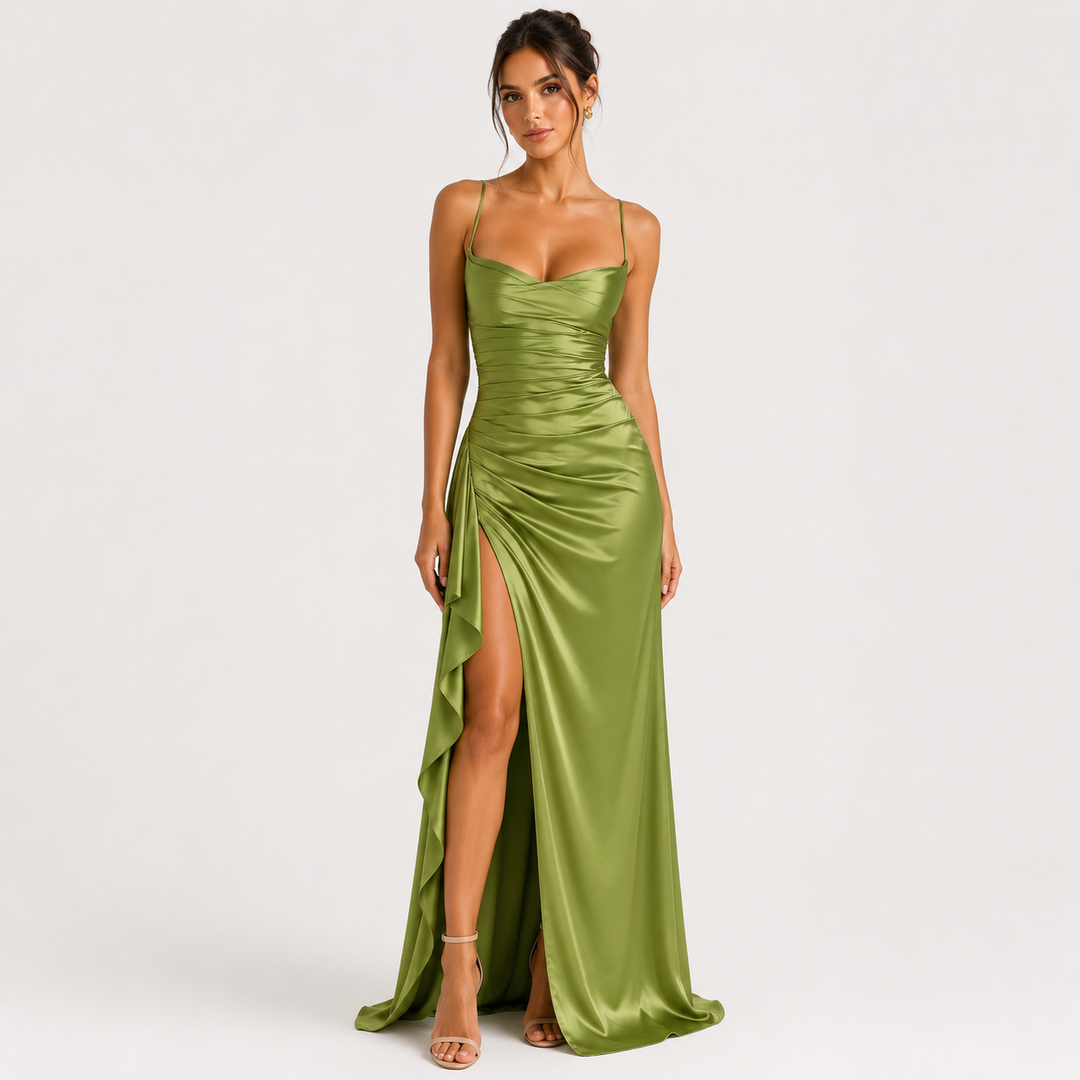 Womens Fashion Style - Women's Draped Satin Maxi Dress with Side Slit - product view 6