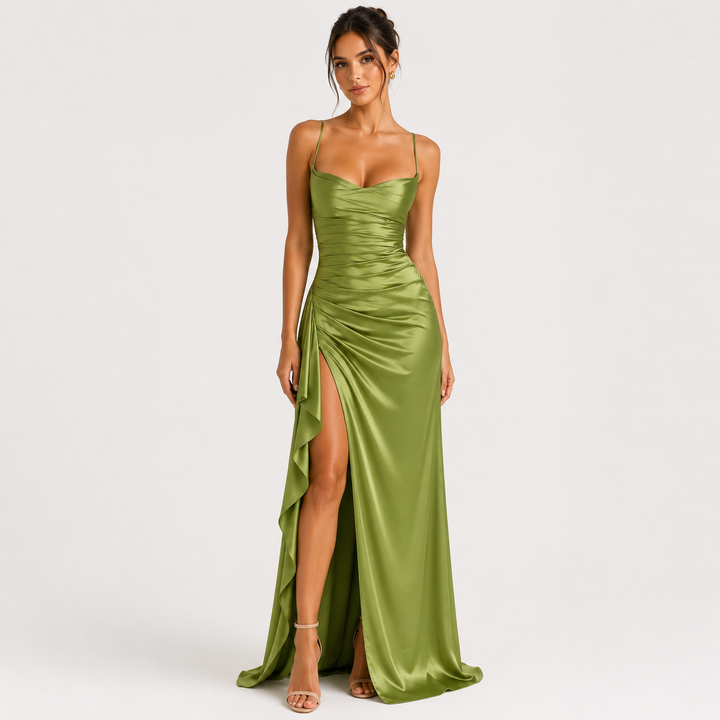 Womens Fashion Style - Women's Draped Satin Maxi Dress with Side Slit - product view 6