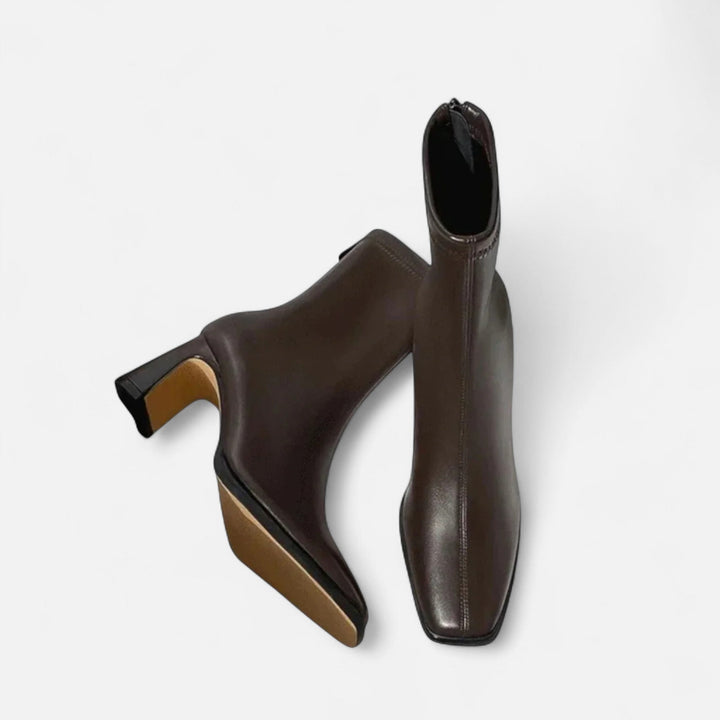 Women's Boots – Leather Square-Toe Mid-Heel Ankle