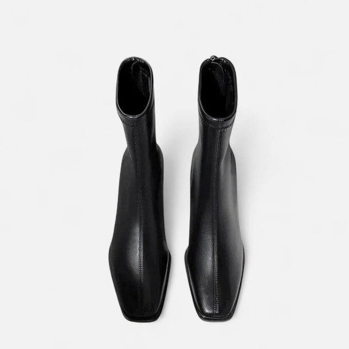 Women's Boots – Leather Square-Toe Mid-Heel Ankle