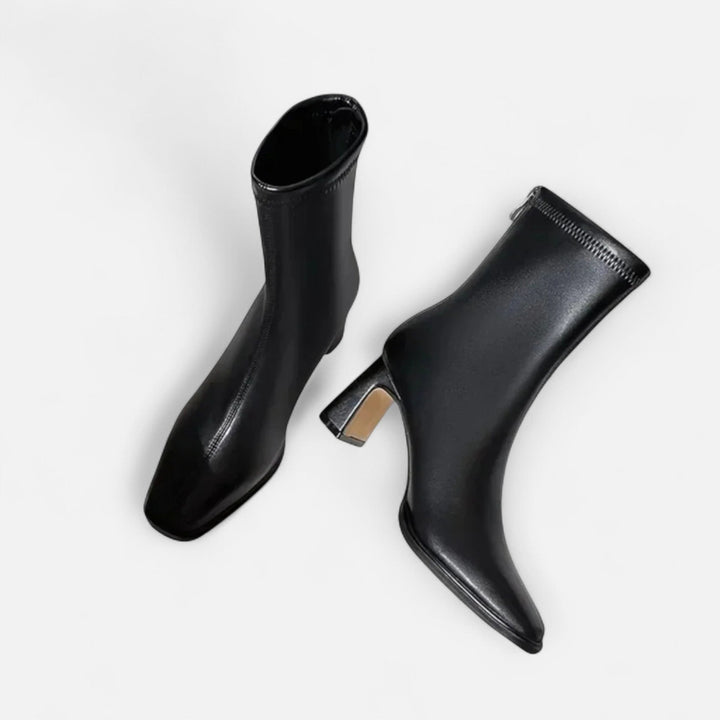 Women's Boots – Leather Square-Toe Mid-Heel Ankle