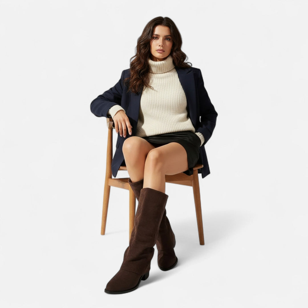 Women's Boots – Faux Leather Knee-High Block Heel