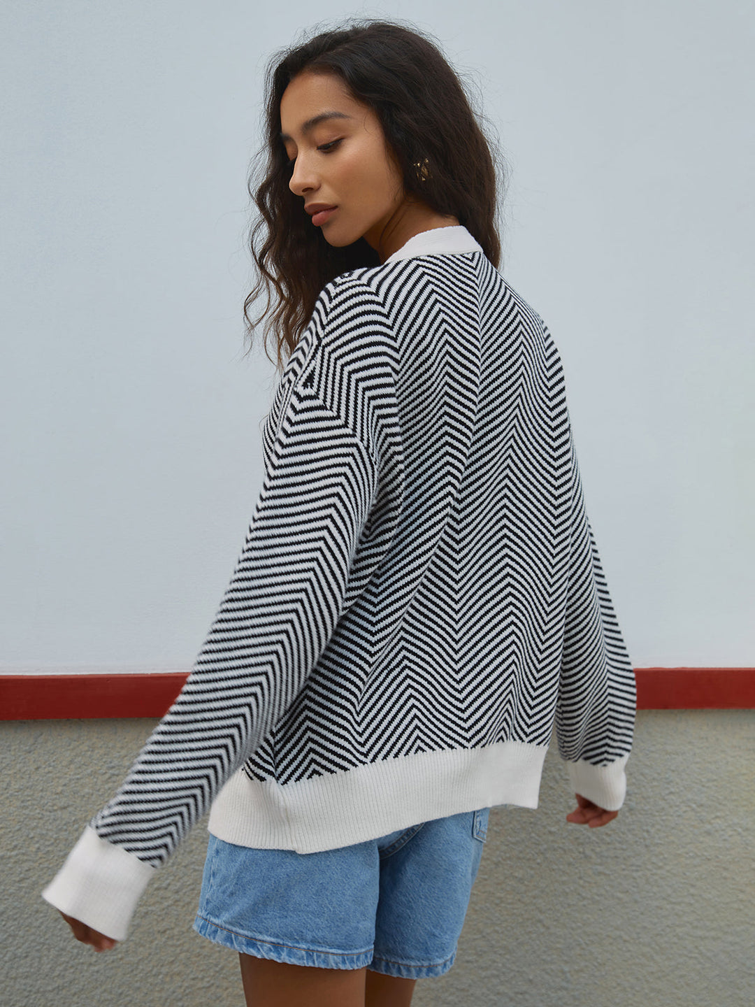 Women's Cardigan – Striped V-Neck Knit
