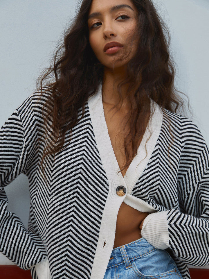 Women's Cardigan – Striped V-Neck Knit