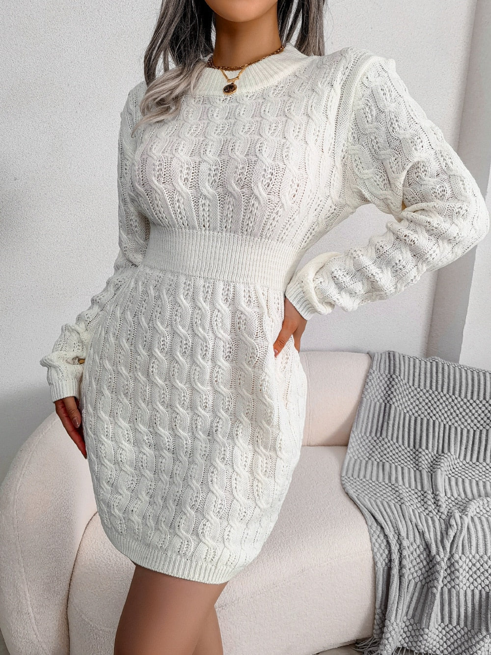 Women's Mini Dress – Cable Knit Long Sleeves