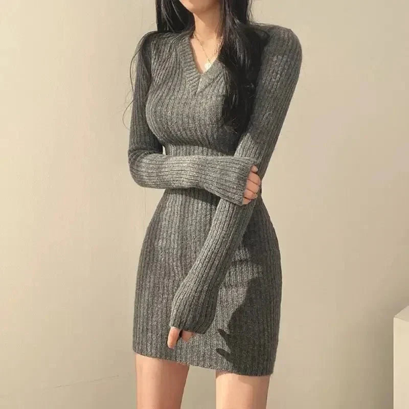Women's Mini Dress – Ribbed V-Neck Long Sleeve