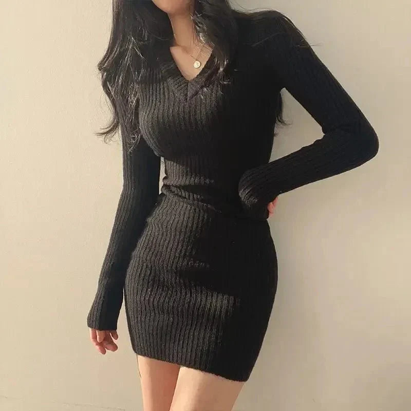 Women's Mini Dress – Ribbed V-Neck Long Sleeve