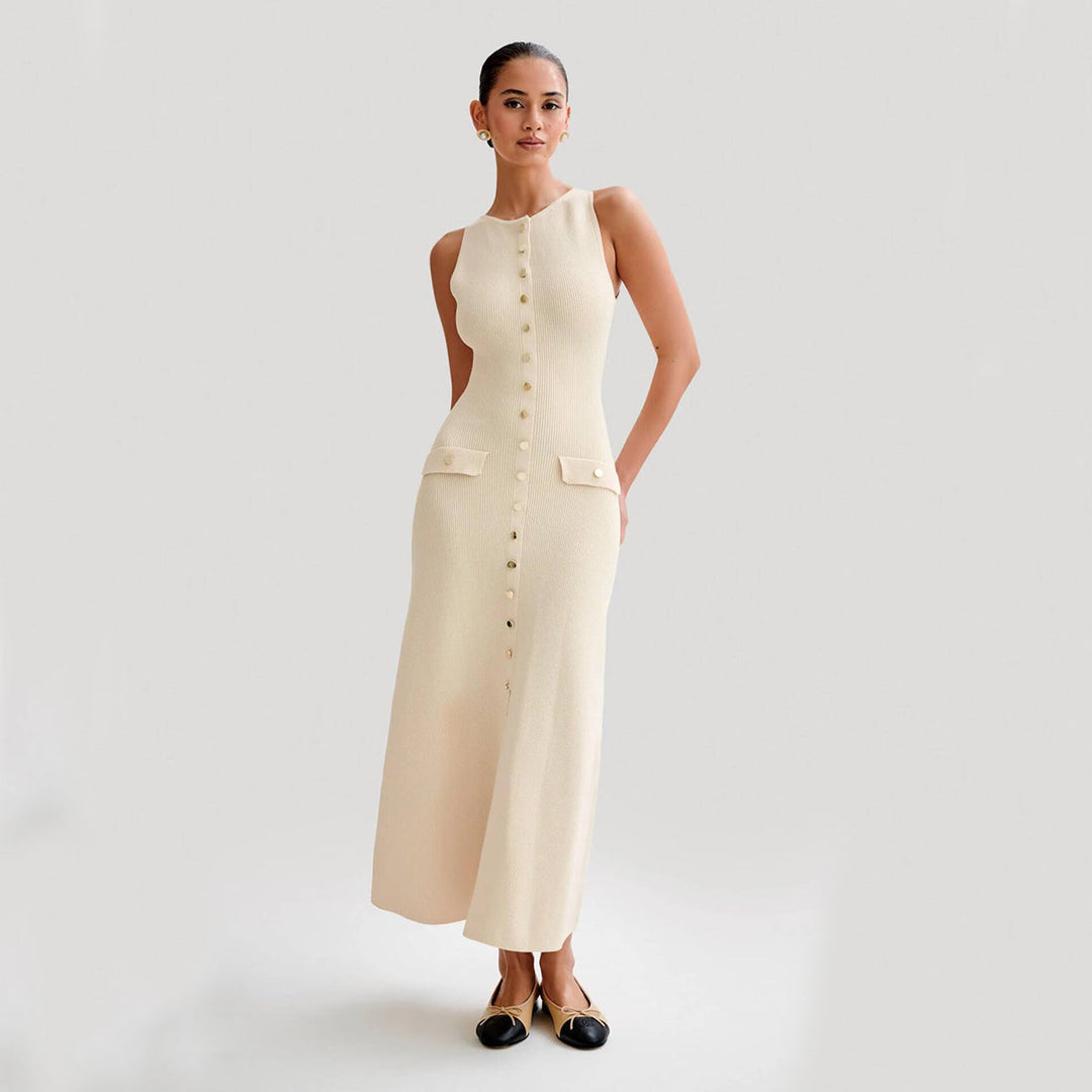 Women's Maxi Dress – Ribbed Knit Button-Front