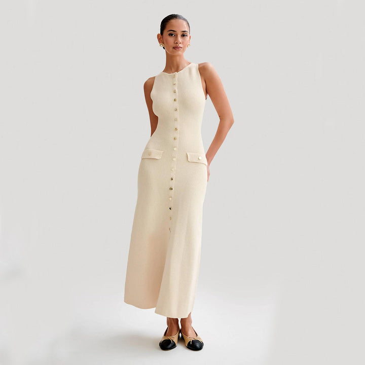 Women's Maxi Dress – Ribbed Knit Button-Front