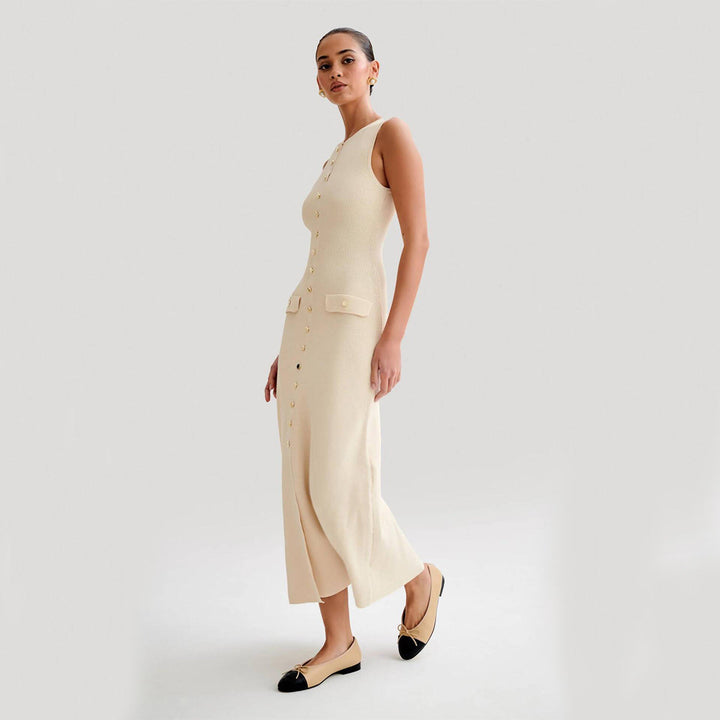 Women's Maxi Dress – Ribbed Knit Button-Front