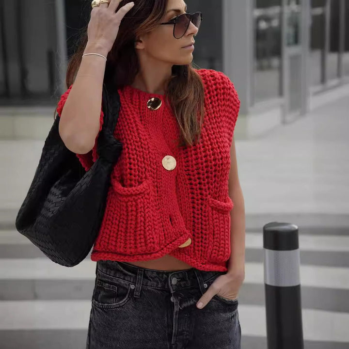 Women's Knitted Vest – Cropped Knit Button