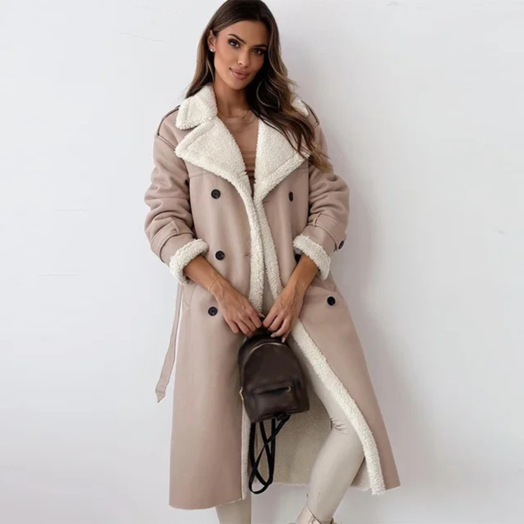 Women's Coat – Long Faux Shearling Suede Belted Winter