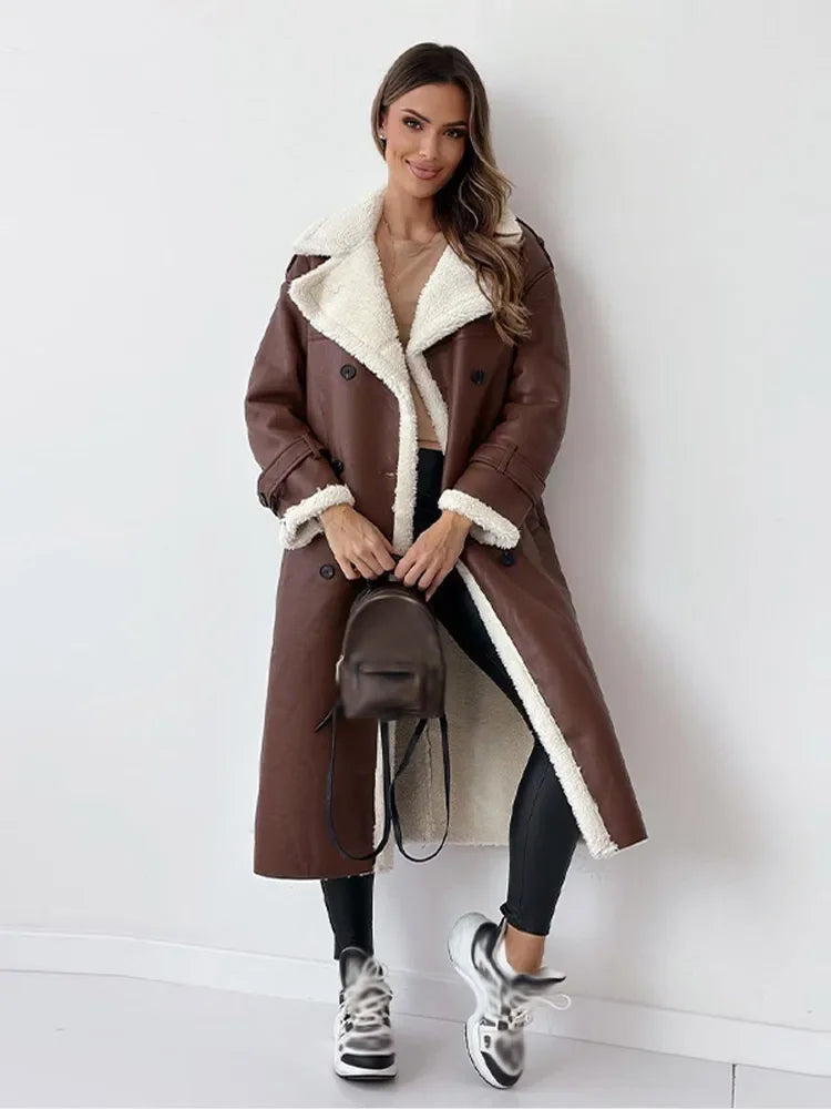 Women's Coat – Long Faux Shearling Suede Belted Winter