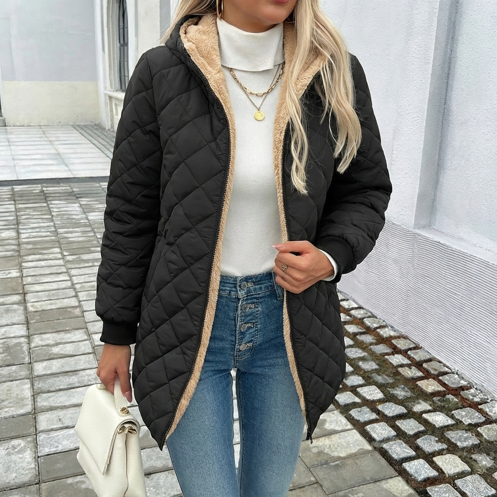 Women's Coat – Longline Hooded Puffer Diamond Quilting