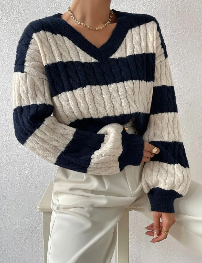 Women's Jumper – Striped Cable Knit V-Neck