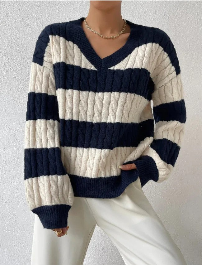 Women's Jumper – Striped Cable Knit V-Neck