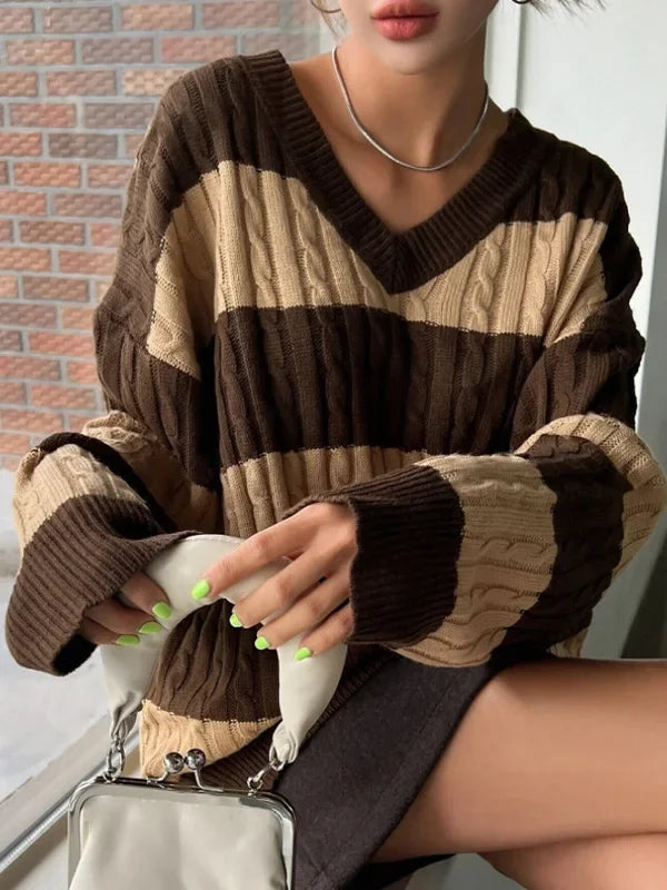 Women's Jumper – Striped Cable Knit V-Neck