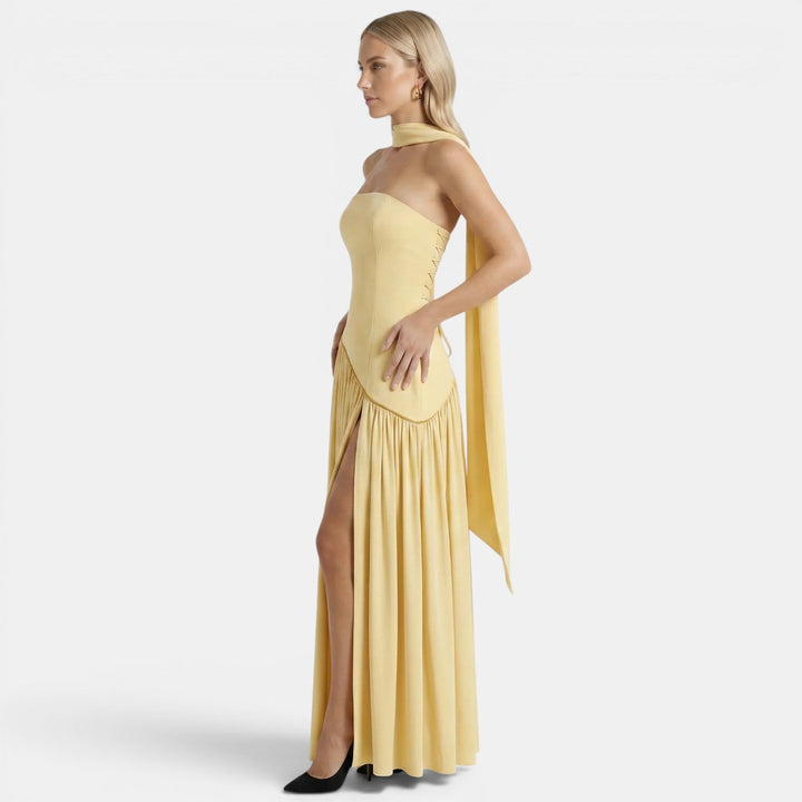 Womens Fashion Style - Women's Strapless Maxi Dress with Asymmetric Draping - product view 9