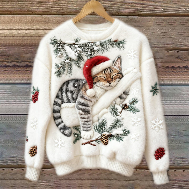 Women's Jumper – Festive Cat Print Crew Neck Christmas