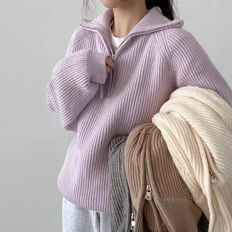 Women's Jumper – Oversized Ribbed Knit Quarter-Zip Polo