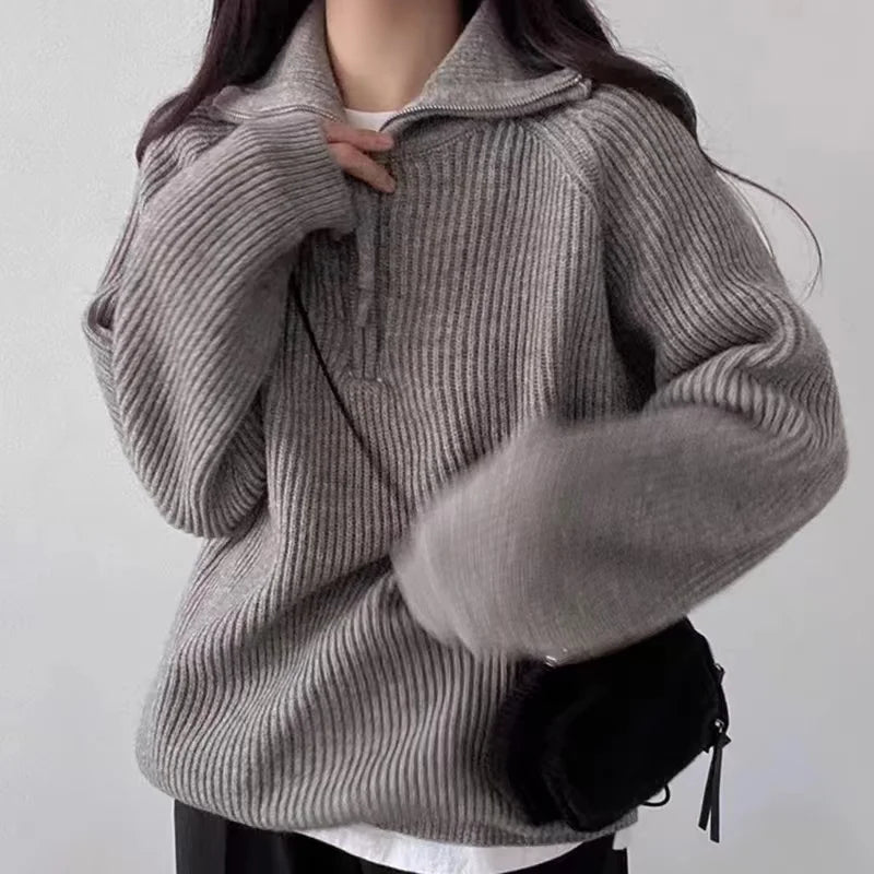 Women's Jumper – Oversized Ribbed Knit Quarter-Zip Polo