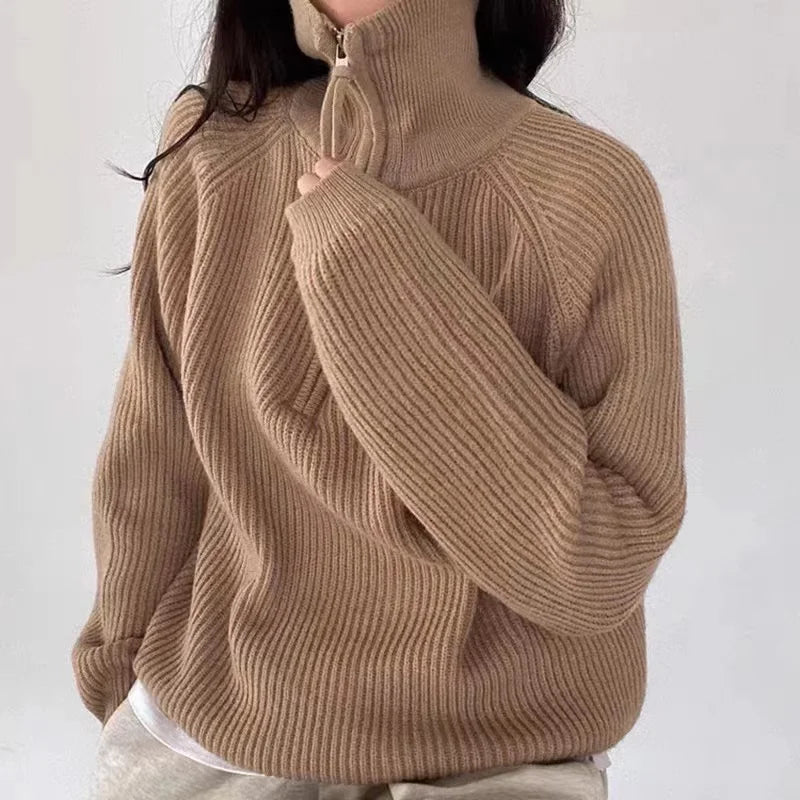 Women's Jumper – Oversized Ribbed Knit Quarter-Zip Polo