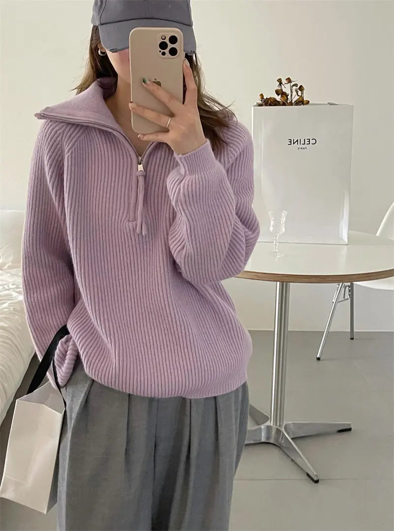 Women's Jumper – Oversized Ribbed Knit Quarter-Zip Polo