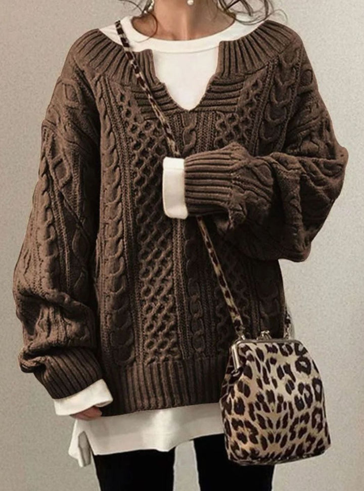 Women's Jumper – Oversized Cable Knit V-Neck Pullover