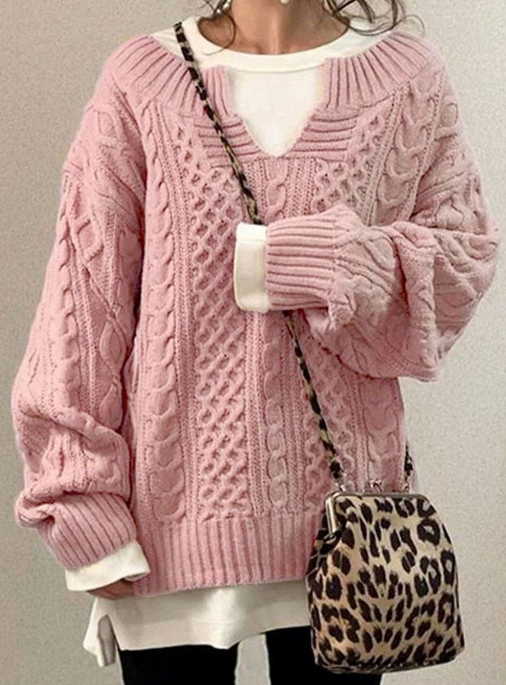 Women's Jumper – Oversized Cable Knit V-Neck Pullover