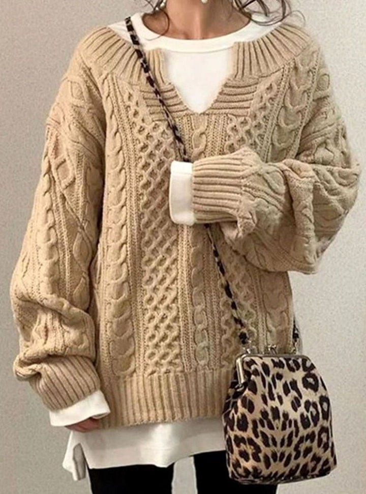 Women's Jumper – Oversized Cable Knit V-Neck Pullover