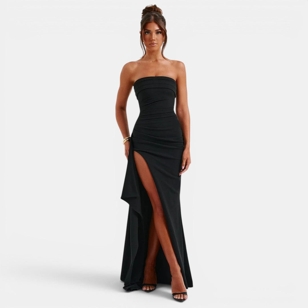 Womens Fashion Style - Women's Ruched Strapless Maxi Dress with High Slit - product view 1