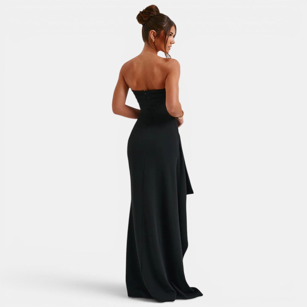 Womens Fashion Style - Women's Ruched Strapless Maxi Dress with High Slit - product view 3