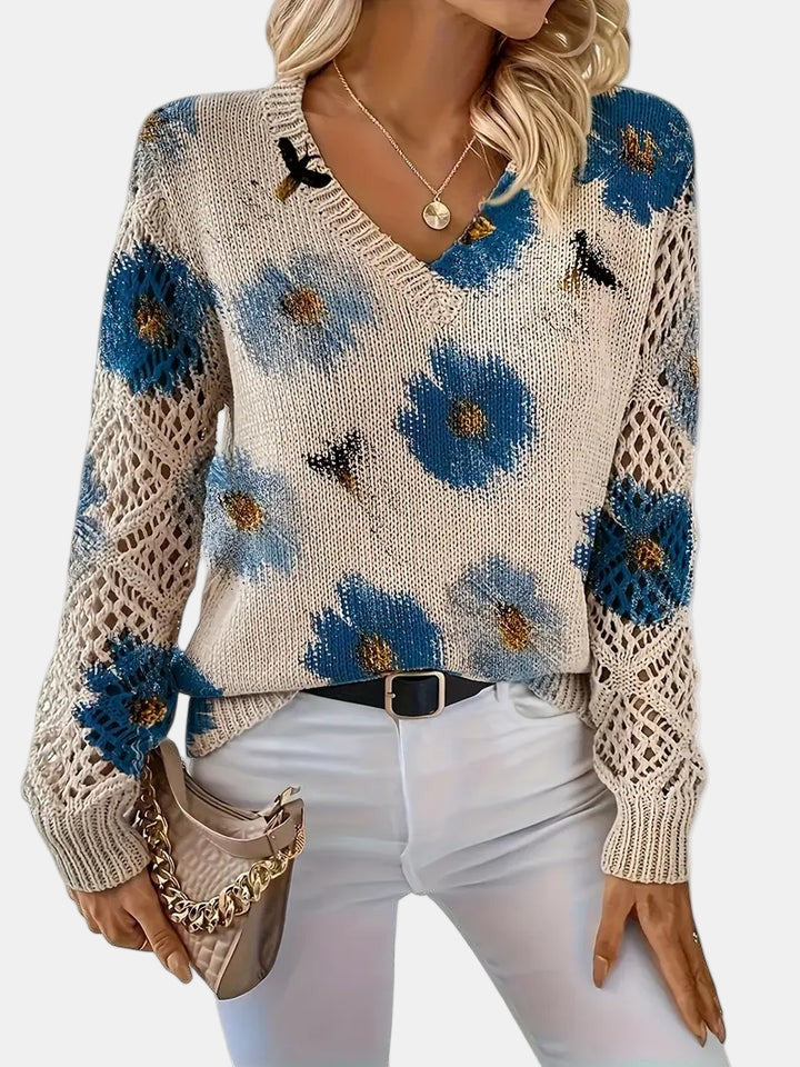 Women's Jumper – Floral Knit V-Neck