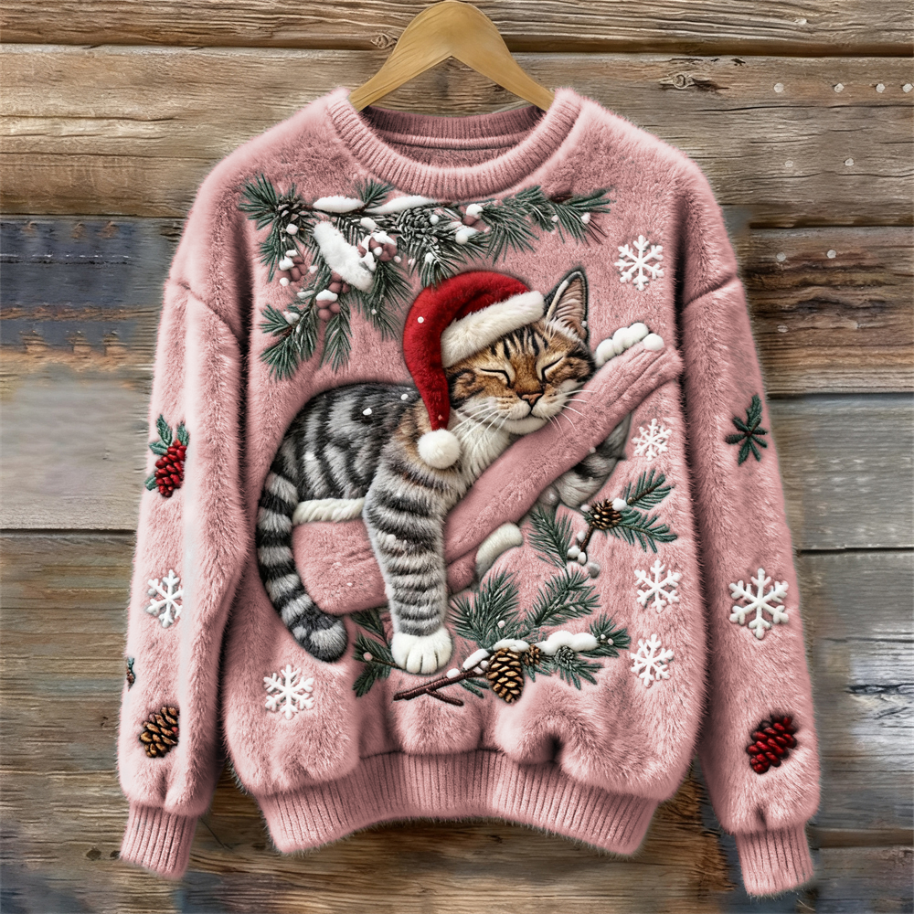 Women's Jumper – Festive Cat Print Crew Neck Christmas