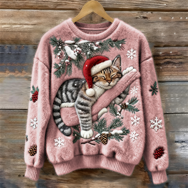 Women's Jumper – Festive Cat Print Crew Neck Christmas