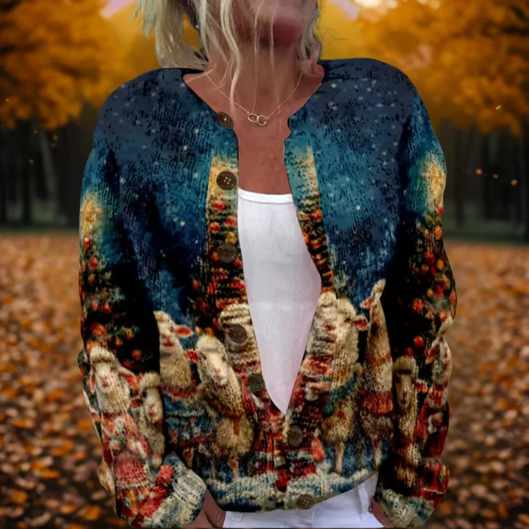 Women's Knit Button-Front V-Neck Cardigan – Winter Scene Print