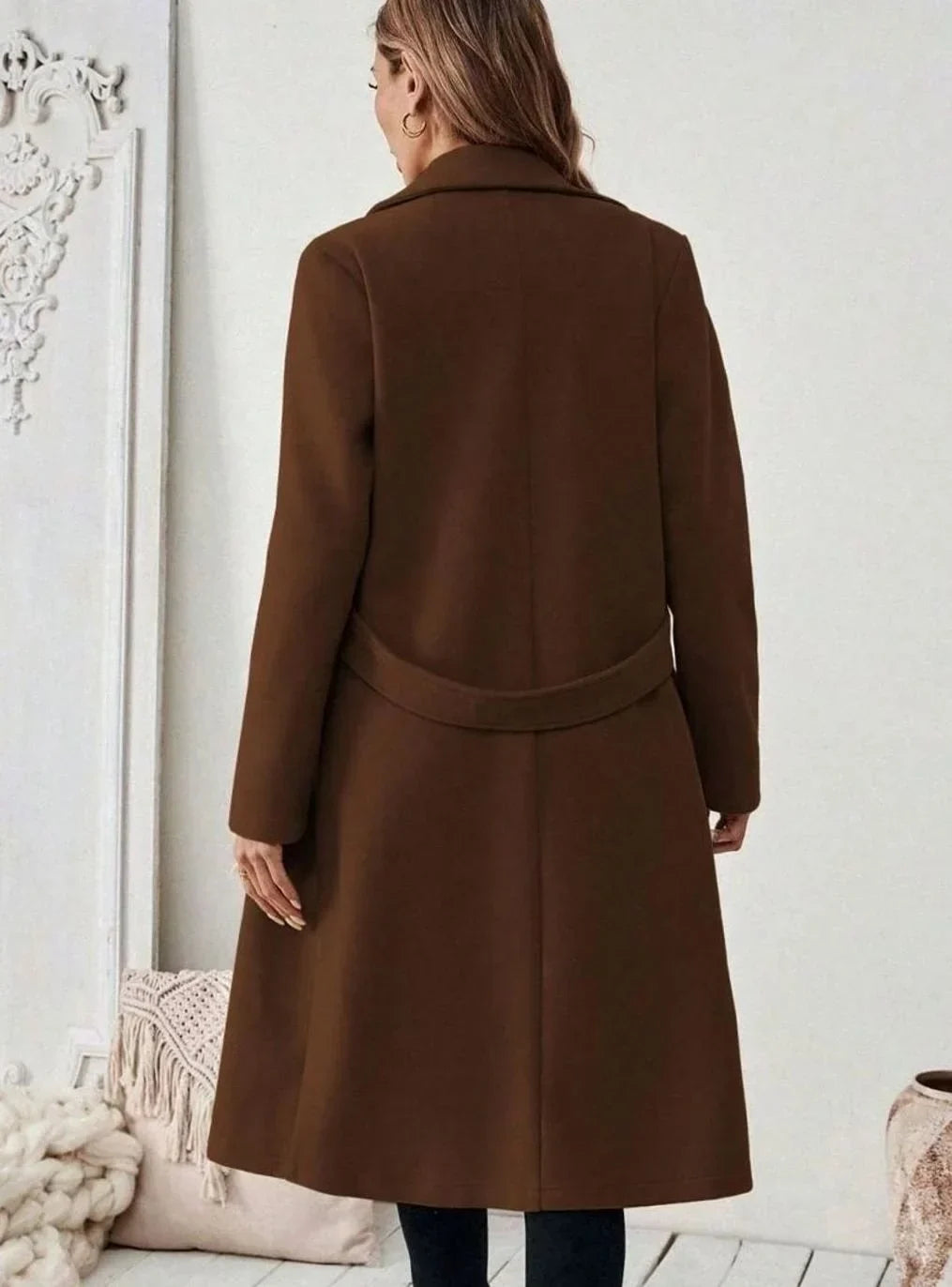 Women's Belted Long Wool Coat – Wide Collar